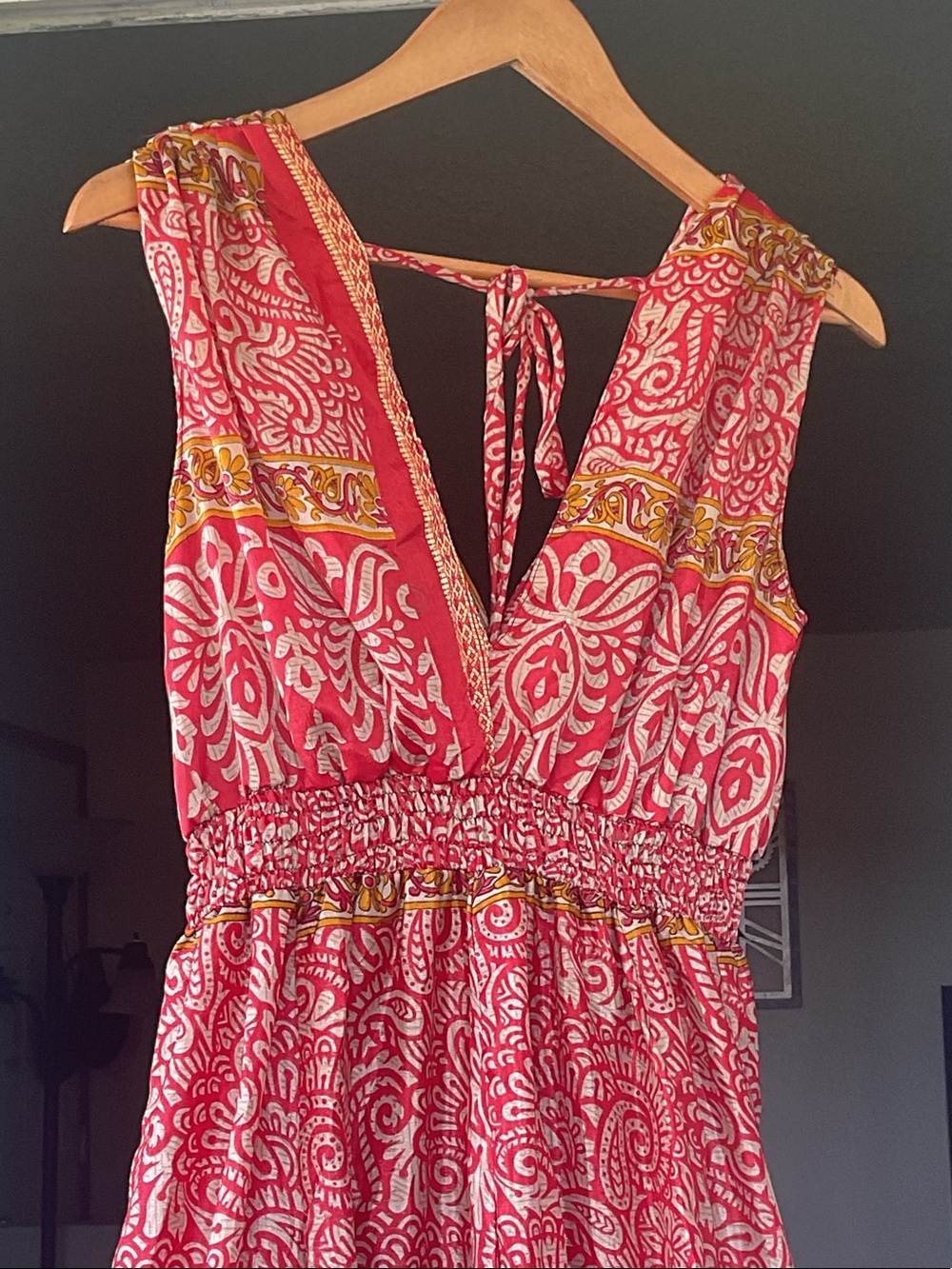 Sleeveless Red Printed Maxi Dress with Smocked Waist
